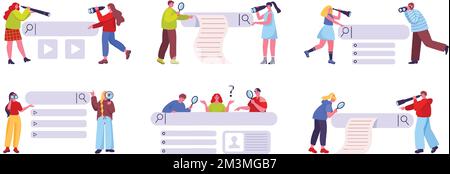 Searching people. Personalised search results, SEO optimisation and search bar with finders characters vector set Stock Vector