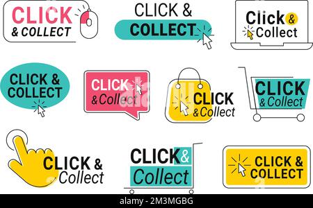 Click and collect. Online shop buttons with clicking cursor pointer, computer mouse and shopping bag vector set Stock Vector