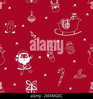 Seamless Christmas Pattern Doodles with Cute Flat Hand-drawn Items. Xmas and Happy New Year Elements. Decorative Background for Fabric, Wrapping Paper Stock Photo