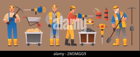 Cartoon miners and equipment. Digger character with mining tools, helmet, pick and jackhammer. Miner trolley with gold and coal vector set Stock Vector