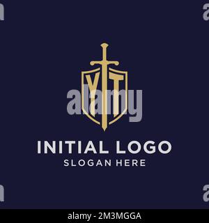 YT logo initial monogram with shield and sword design ideas Stock Vector