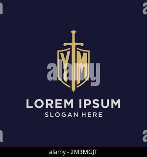 YM logo initial monogram with shield and sword design ideas Stock Vector