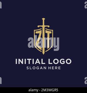 ZT logo initial monogram with shield and sword design ideas Stock Vector