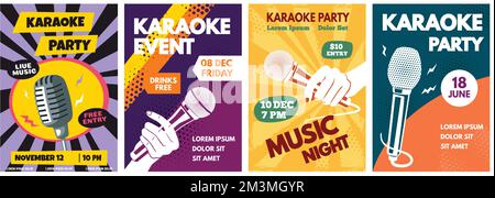 Karaoke party flyer. Singing night banner with hand holding microphone, musical event and vocal club invitation template layout vector set Stock Vector