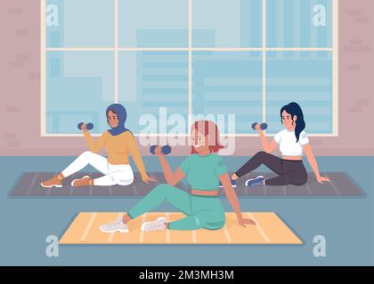 Women exercising in gym flat color vector illustration Stock Vector