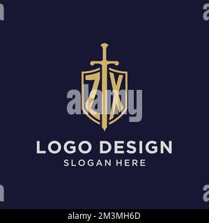 ZX logo initial monogram with shield and sword design ideas Stock Vector