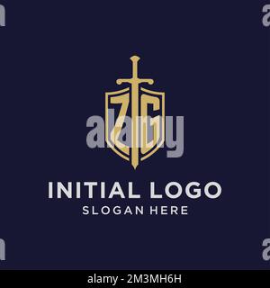 ZG logo initial monogram with shield and sword design ideas Stock Vector