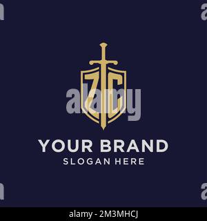 ZC logo initial monogram with shield and sword design ideas Stock Vector