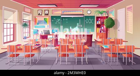 Chemistry cabinet, classroom laboratory interior with chemical formula on blackboard, beakers for experiments, student and teacher desks. Educational Stock Vector