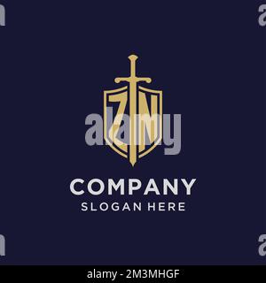 ZN logo initial monogram with shield and sword design ideas Stock Vector