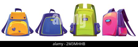 Kids school bags, backpacks or rucksacks with straps. Orange, blue, green and pink colored knapsack for boy or girl front and angle view. Student scho Stock Vector