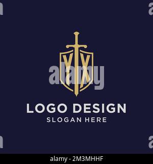 YX logo initial monogram with shield and sword design ideas Stock Vector