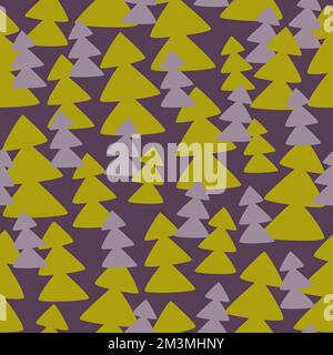 Hand drawn pine or fir tree silhouette seamless pattern. Green and purple Holiday background. Stock Vector