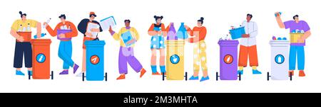 People sorting garbage for recycling. Responsible men and women throw trash and rubbish into separated dustbin containers for waste utilization. Envir Stock Vector