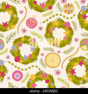 Christmas wreath and small decorations hand drawn seamless pattern. Wreath, bubble, star, fir tree, garland. Stock Vector