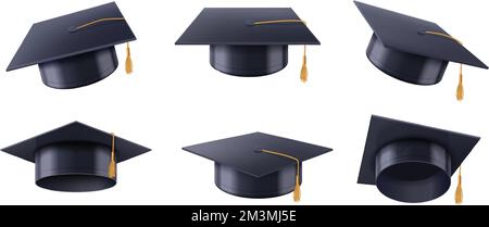 Realistic graduate cap. Graduation university black hat, celebration education and college caps vector 3D illustration set Stock Vector