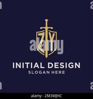 ZY logo initial monogram with shield and sword design ideas Stock Vector