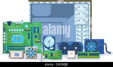 PC components. Computer case with electronic hardware parts. Build or upgrade personal computer vector illustration Stock Vector