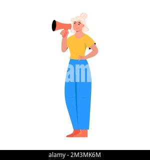 Woman with loudspeaker. Flat vector illustration isolated on white background Stock Vector