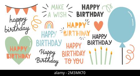 Happy Birthday badge set vector. Design element for greeting cards, banner, print with lettering, candle, balloon Stock Vector