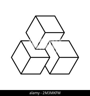 Three linear cubes floating in the air. Impossible 3D geometric shape. Penrose optical illusion. Isometric blockchain technology concept. Vector Stock Vector