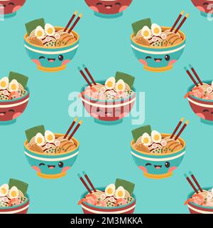 Ramen seamless pattern noodle soup in the bowl with shrimps and chicken illustration design vector Stock Vector