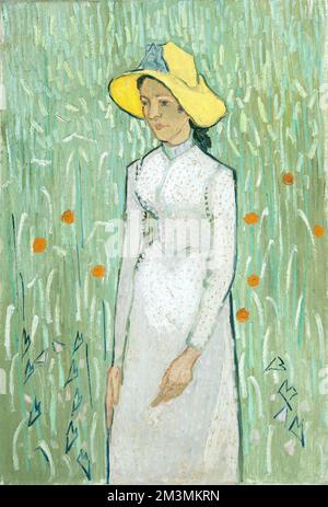 Vincent Van Gogh - Girl in White - 1890 - Girl in white with yellow hat standing in flower field. Stock Photo