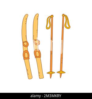Pair of skis with sticks. Winter sport, leisure and outdoor activity. Colorful vector isolated illustration hand drawn doodle design element, outdoor Stock Vector