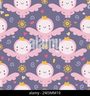 Pink little angel hand drawn seamless pattern. Stock Vector