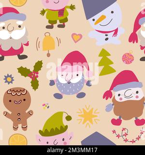Christmas characters hand drawn seamless pattern. Cute Santa Claus, snowman, elf, gingerbread man and Christmas symbols. Stock Vector
