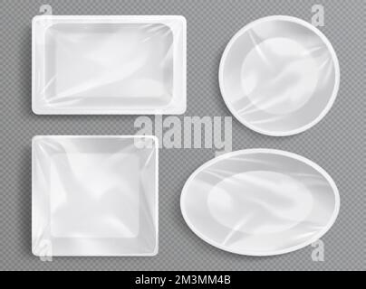 White plastic trays, package with clear film for food. Empty styrofoam containers different shapes in top view isolated on transparent background, vec Stock Vector