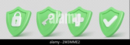 3d render shield with padlock, key, cross and tick sign. Concept of privacy, good password, secure data protection, computer or phone access security, Stock Vector