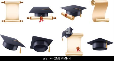 Realistic graduation cap and diploma scroll isolated on white ...