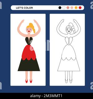 Nutcracker girl ballet dancer. Ballet Coloring page . Kids educational game in flat and outline design. Winter coloring book. Vector Stock Vector