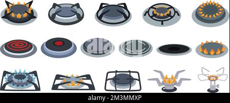 Stove burners. Electric and gas cooker, hob burner with fire flame heat and induction plate cartoon vector set of stove gas and hob for kitchen illust Stock Vector