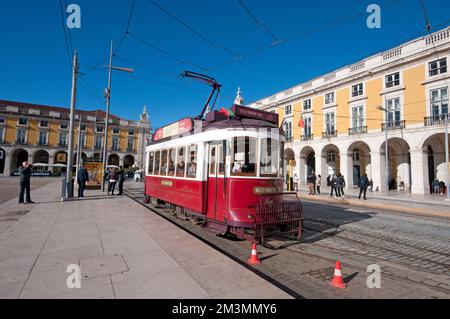 Tourist tram in Praca do Comercio, Lisbon, Potugal Stock Photo