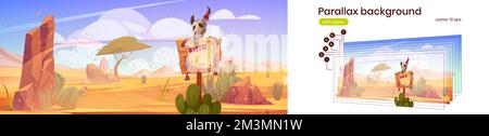 Parallax background sand storm in wild west desert landscape with wanted sign or banner, rocks, tree and cacti separated layers. Cartoon sidescroller Stock Vector