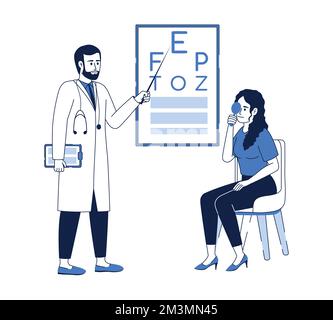 Ophthalmologist checkup flat color linear vector characters Stock Vector