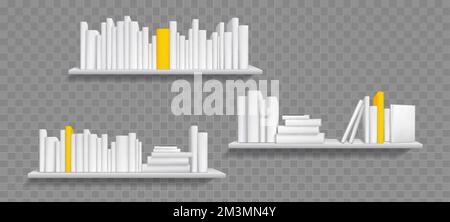 Books on white bookshelf, bestseller mockup with yellow cover stand on shelf in library or store. Booklets, diary volumes with empty spines stand on r Stock Vector