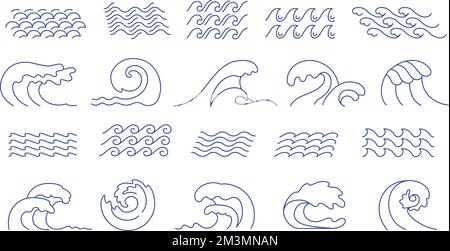 Line waves. Ocean surf curl, sea wave crest and water surface swing. Line art lake, doodle aqua and river vector icons set of line sea ocean wave illu Stock Vector