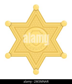 Sheriff star badge. Hexagonal golden symbol of police officer in charge of law enforcement. Cartoon vector isolated on white background Stock Vector