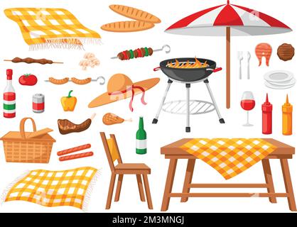 Summer picnic elements. Blanket, basket and outdoors weekend BBQ grill food. Lifestyle vector illustration set for outdoor leisure, bbq and drink, app Stock Vector