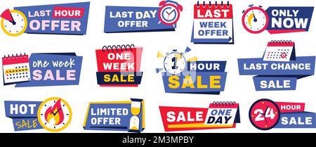 Countdown banners. Promo badges with timer, alarm and clock icons for last day offer, one week and 24 hour sale sign vector set of offer countdown and Stock Vector