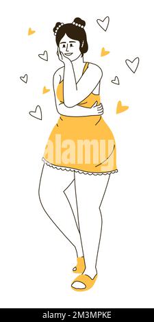 Pretty woman loving herself flat color linear vector character Stock Vector
