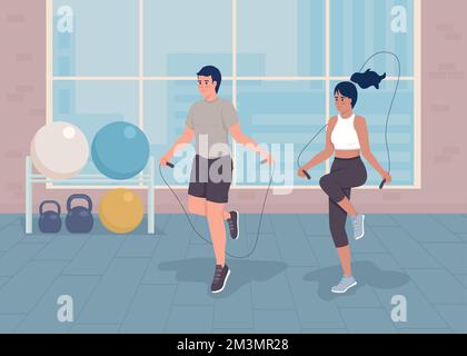 Doing jumping rope workout flat color vector illustration Stock Vector