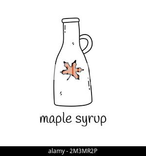 Maple syrup in a bottle. Label with maple leaf. Delicious sweet syrup for desserts. Vector isolated hand drawn doodle illustration. Icon or card Stock Vector