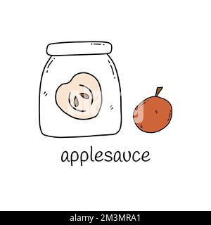 Applesauce in a glass jar. Nearby is half an apple. Delicious jam for desserts and other food. Colorful isolated vector illustration hand drawn. Card Stock Vector