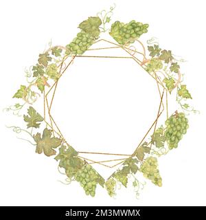 Watercolor  green grapes and golden frame illustration. Modern summer fruits set. Wedding invitation card.Hand drawn spring  floral  arrangement. Wedd Stock Photo