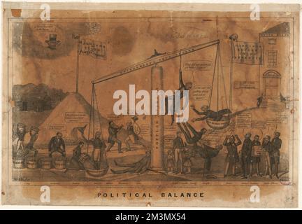 Political balance , Scales, Politicians, Presidential elections, Van Buren, Martin, 1782-1862, Clay, Henry, 1777-1852, Webster, Daniel, 1782-1852, Buchanan, James, 1791-1868, Seward, William H. William Henry, 1801-1872, Harrison, William Henry, 1773-1841, Benton, Thomas Hart, 1782-1858, Calhoun, John C. John Caldwell, 1782-1850 Stock Photo