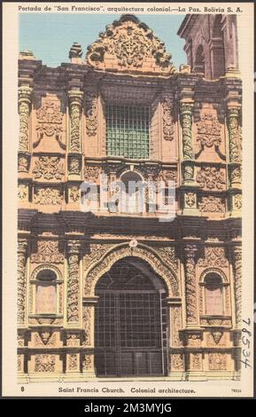 Portada de 'San Francisco', arquitectura colonial. La Paz, Bolivia S. A. - Saint Francis Church. Colonial architecture , Catholic churches, Tichnor Brothers Collection, postcards of the United States Stock Photo